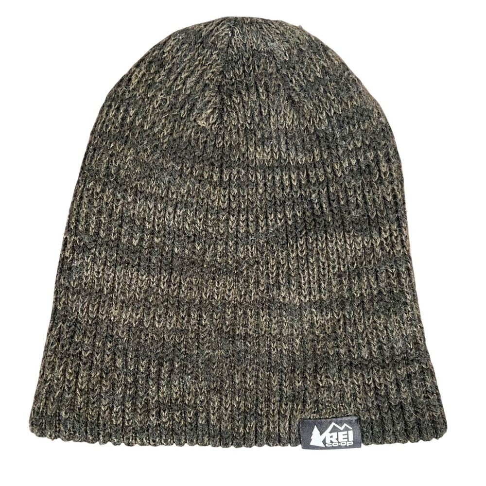 REI Co-op Beanie Hat Olive Green Grey Marled Wool Blend Ribbed Knit Unisex OS